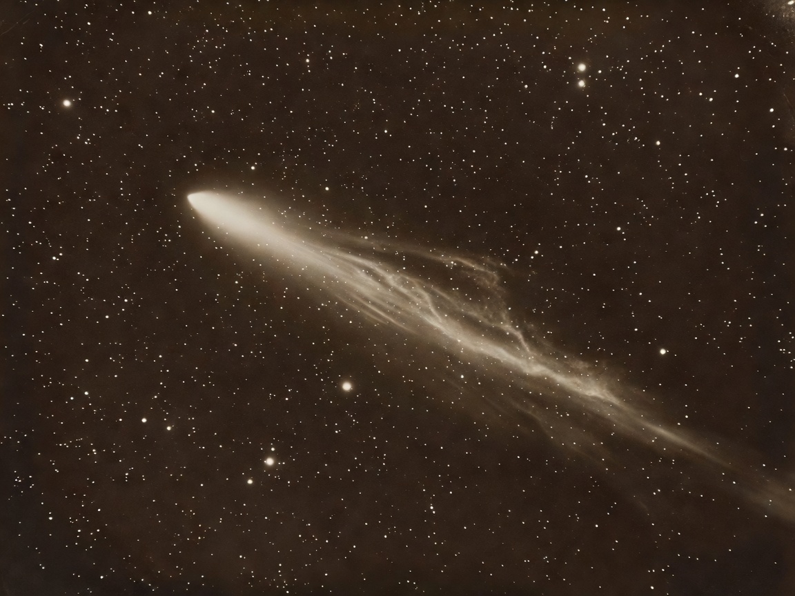 A comet streaking across a sepia-toned vintage night sky
