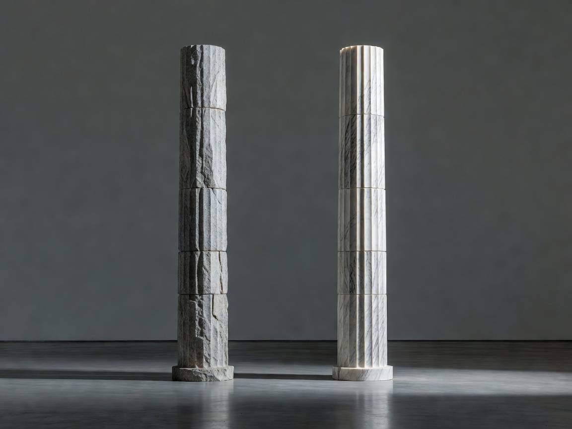 Abstract architectural columns representing the parallel presidencies of Lincoln and Kennedy