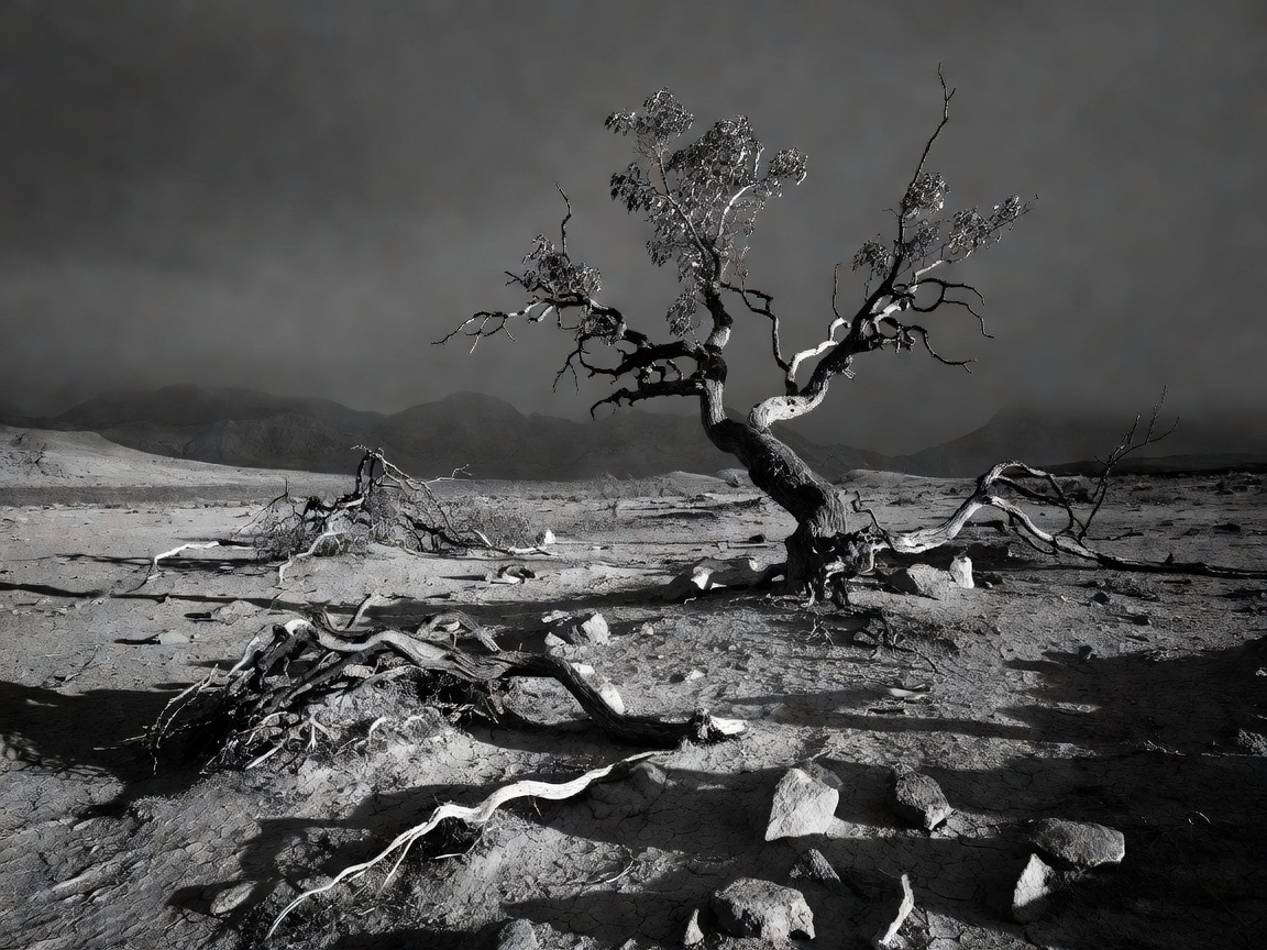 Monochrome landscape representing resilience and survival