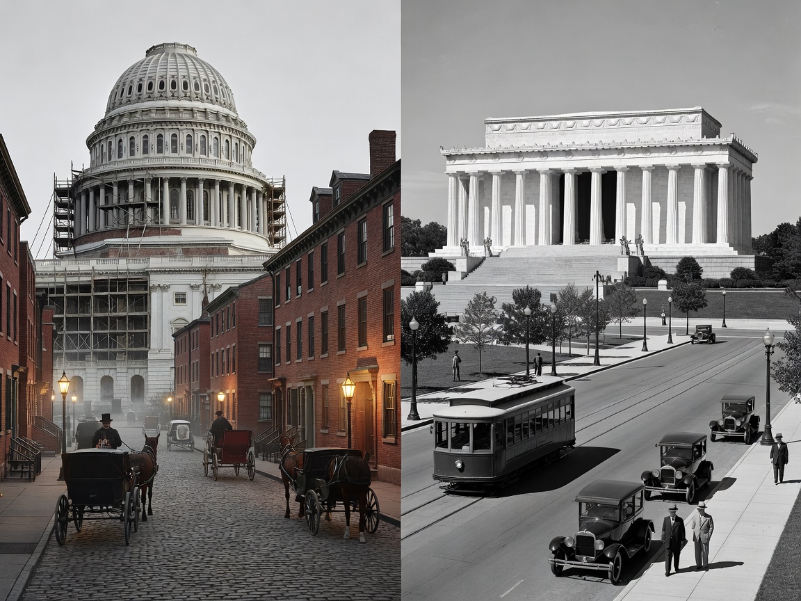Monochrome split image depicting architectural elements of Washington D.C. in the 19th and 20th centuries