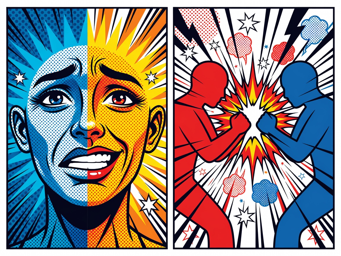 Pop art graphic representing dual comic book panels