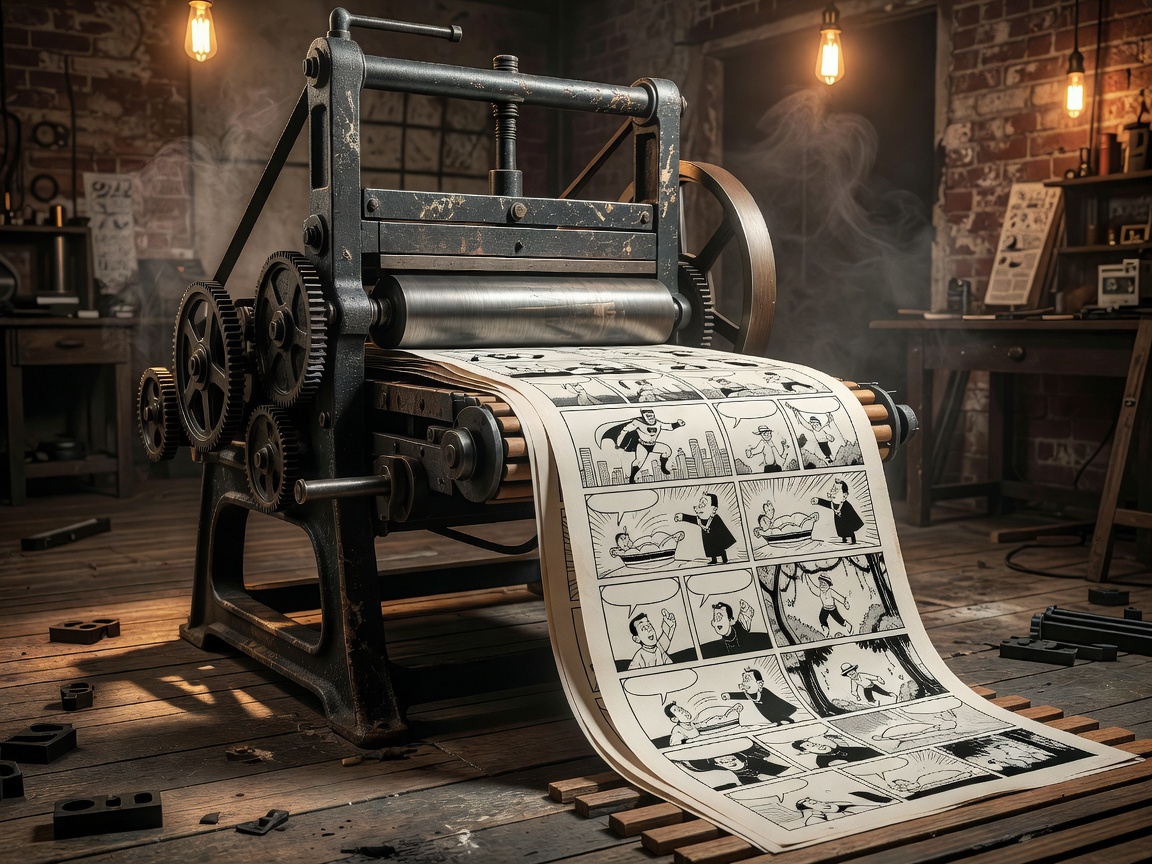 Vintage printing press symbolizing the simultaneous publication of comic strips